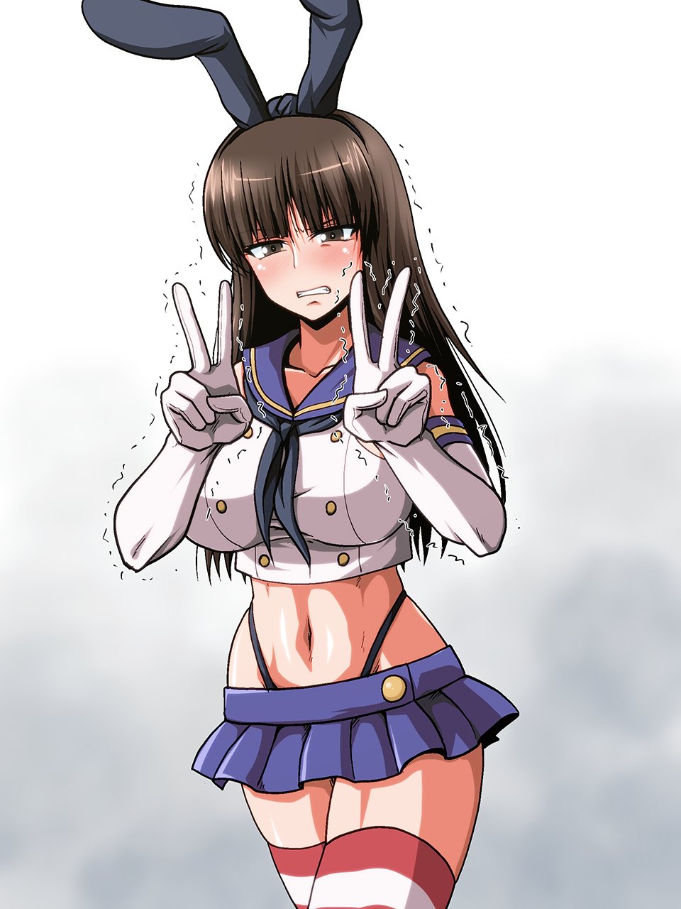 1girl black_hairband black_neckerchief black_panties blue_sailor_collar blue_skirt blunt_bangs breasts brown_eyes brown_hair cosplay cowboy_shot crop_top double_v elbow_gloves embarrassed girls_und_panzer gloves hairband highleg highleg_panties highres kamishima_kanon kantai_collection large_breasts long_hair looking_at_viewer mature_female microskirt navel neckerchief nishizumi_shiho panties pleated_skirt sailor_collar shimakaze_(kancolle) shimakaze_(kancolle)_(cosplay) skirt solo standing straight_hair striped_clothes striped_thighhighs thighhighs thong trembling underwear v white_gloves