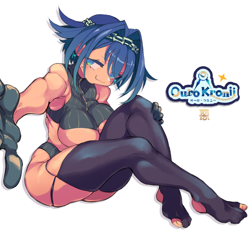 1girl :3 bare_arms bare_shoulders black_gloves black_hair black_shirt black_skirt black_thighhighs blue_eyes breasts chain_headband character_name commentary crop_top cropped_shirt curvy english_commentary food food_on_face frilled_skirt frills gloves hair_flaps hair_intakes half-skirt headband hololive hololive_english large_breasts logo looking_at_viewer microskirt no_shoes offering_hand ouro_kronii ouro_kronii_(1st_costume) outstretched_arm partially_toeless_legwear pinstripe_pattern pinstripe_shirt pinstripe_skirt reaching reaching_towards_viewer shirt short_hair simple_background skindentation skirt smug starmilk thick_thighs thighhighs thighs transparent_background variant_set virtual_youtuber