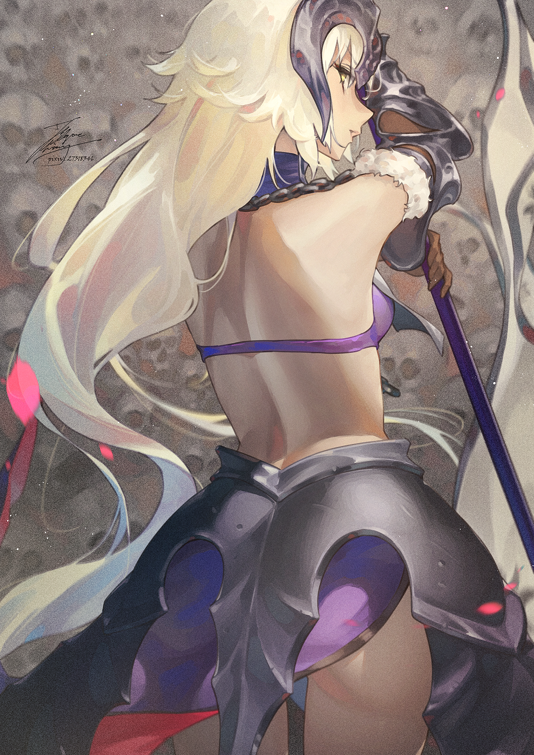 1girl armor armored_dress ass back blonde_hair fadingz fate/grand_order fate_(series) from_behind fur_trim headpiece highres jeanne_d'arc_alter_(fate) long_hair looking_at_viewer looking_back polearm solo weapon yellow_eyes