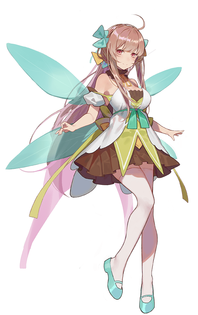 1girl ahoge aqua_ribbon ark_order bare_shoulders blue_footwear blue_ribbon blush bow breasts brown_dress brown_hair closed_mouth detached_sleeves dress fairy_(ark_order) fairy_wings flower full_body green_bow green_dress hair_ornament hairband large_breasts leg_ribbon long_hair looking_at_viewer low_ponytail multicolored_clothes multicolored_dress official_art plant puffy_short_sleeves puffy_sleeves purple_hairband purple_ribbon red_cucumber red_eyes ribbon rose shoes short_sleeves sidelocks smile solo tachi-e thighhighs transparent_background very_long_hair white_dress white_thighhighs wings yellow_ribbon