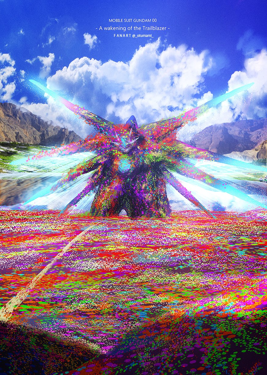 00_qan[t] blue_sky cloud cloudy_sky els flower gn_drive gundam gundam_00 gundam_00_a_wakening_of_the_trailblazer highres mecha mobile_suit mountain no_humans otsumami_(bu-bu-heaven) robot science_fiction sky sparkle v-fin