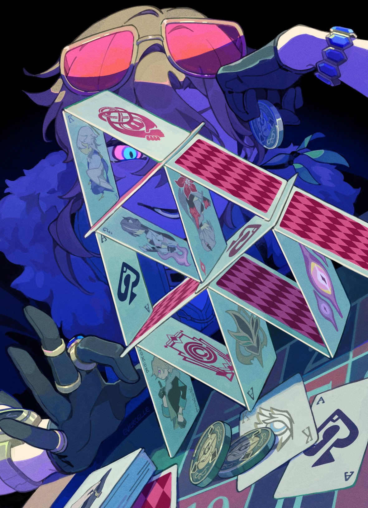 1boy aventurine_(honkai:_star_rail) black_gloves blonde_hair bracelet card evercelle eyewear_on_head fur_trim gloves hair_between_eyes highres honkai:_star_rail honkai_(series) jewelry male_focus multicolored_eyes open_mouth playing_card ring short_hair solo tinted_eyewear