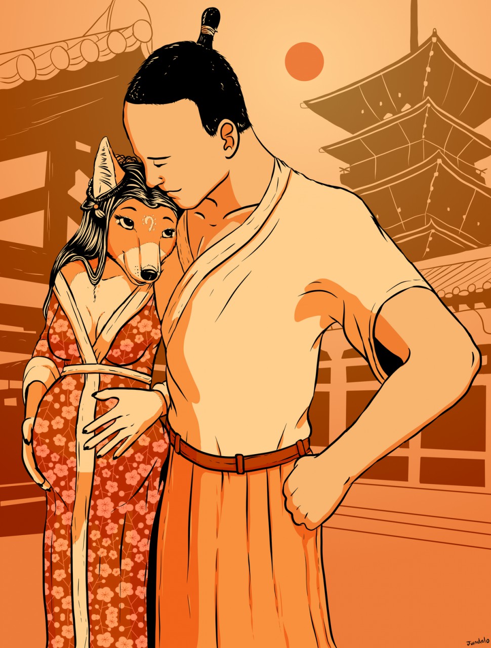 anthro asian_clothing bamboo belt canid canine clothing duo east_asian_clothing female fox hi_res human japan japanese_clothing juindalo kimono male mammal pagoda restricted_source sun