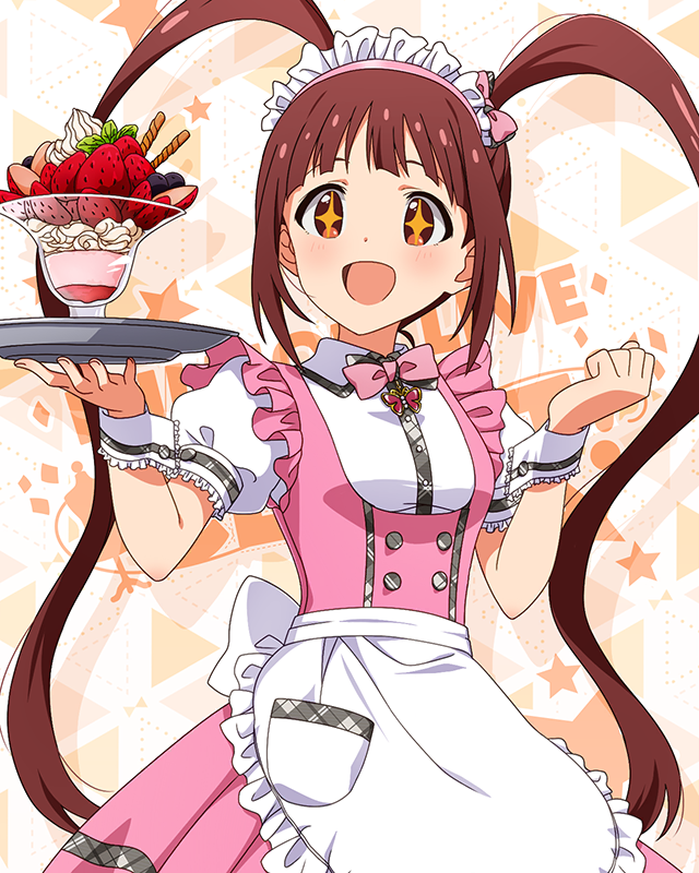 +_+ 1girl :d apron blush bow bowtie breasts brown_eyes butterfly_ornament dot_nose dress food frilled_apron frilled_skirt frills fruit hair_ribbon hands_up idolmaster idolmaster_million_live! idolmaster_million_live!_theater_days long_hair looking_at_object maid_headdress matsuda_arisa official_alternate_costume official_art open_mouth parfait pink_bow pink_bowtie pink_dress pretty_waitress_(idolmaster) puffy_short_sleeves puffy_sleeves red_hair ribbon serving shirt short_sleeves sidelocks skirt small_breasts smile solo standing starry_background strawberry strawberry_parfait thighhighs tray twintails upper_body very_long_hair waist_apron waitress white_apron white_shirt white_thighhighs wrist_cuffs