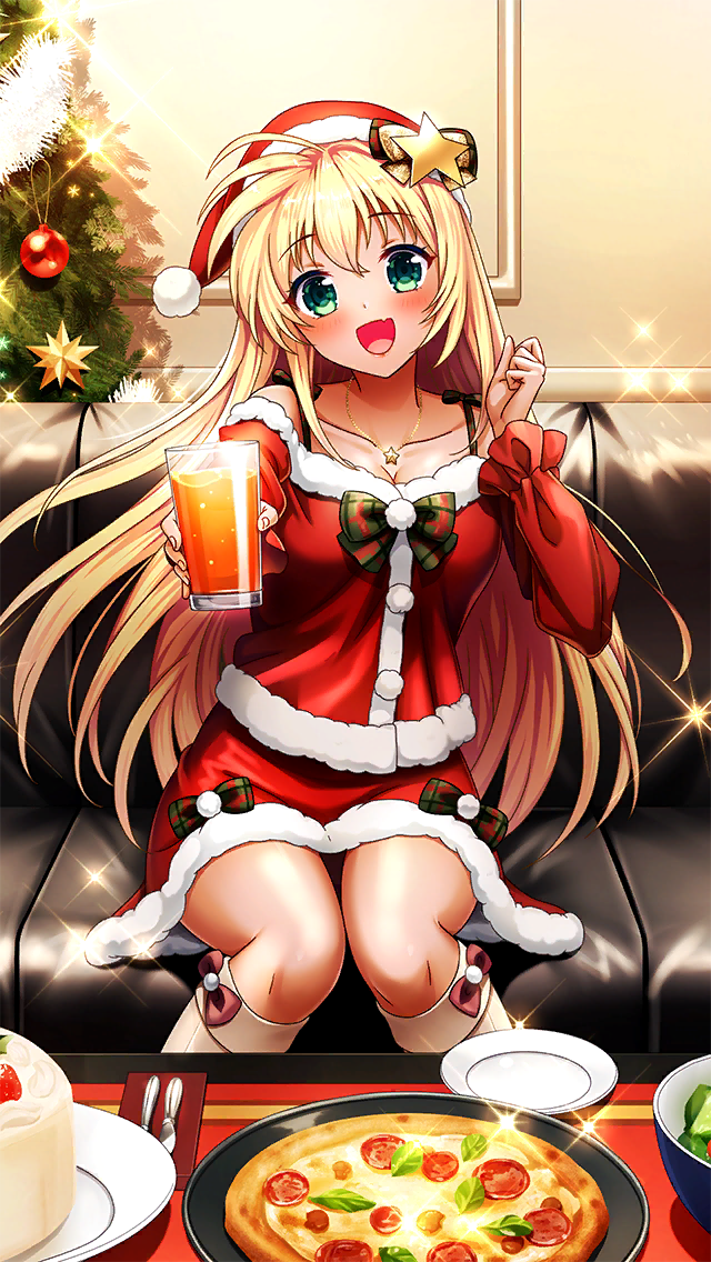 1girl :d black_bow blonde_hair blush bow breasts christmas christmas_tree cleavage collarbone cup doukyuusei doukyuusei_another_world fang floating_hair food fur-trimmed_headwear fur-trimmed_shirt fur-trimmed_skirt fur_trim game_cg green_eyes hair_between_eyes hair_ornament hat head_tilt holding holding_cup indoors jewelry juice long_hair long_sleeves medium_breasts miniskirt necklace official_art open_mouth orange_juice pizza red_shirt red_skirt santa_costume santa_hat shirt sitting skin_fang skirt smile solo star_(symbol) star_hair_ornament star_necklace tina_(kakyuusei) very_long_hair