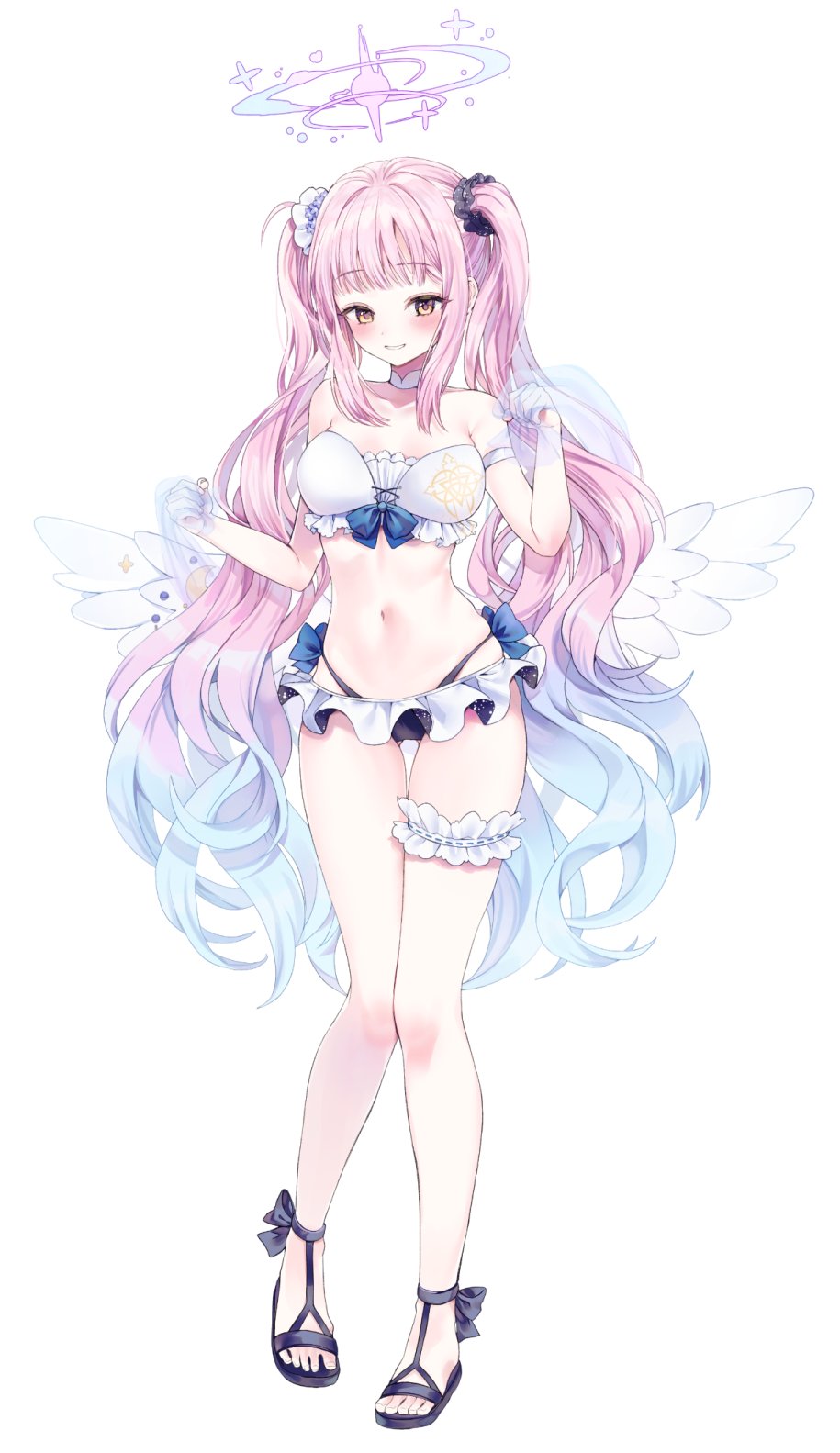 1girl angel_wings arm_strap bikini black_footwear black_scrunchie blue_archive blue_flower blush breasts choker commentary crescent feathered_wings flower frilled_bikini frills full_body gradient_hair gradient_halo hair_flower hair_ornament hair_ribbon hair_scrunchie highres knees large_breasts legs long_hair looking_at_viewer low_wings mika_(blue_archive) multicolored_hair navel paraffin pink_hair print_bikini ribbon sandals sarong scrunchie see-through_sarong simple_background smile solo stomach swimsuit thigh_strap thighs toenails toes twintails white_background white_bikini white_choker white_ribbon white_wings wings yellow_eyes