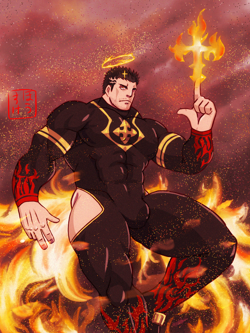 1boy bara black_bodysuit black_hair bodysuit bulge cheekbones clothing_cutout covered_abs cross feet_out_of_frame fire flaming_halo halo housuke67 index_finger_raised large_pectorals looking_ahead male_focus mature_male muscular muscular_male pectorals pyrokinesis short_hair solo strongman_waist thick_eyebrows thick_thighs thigh_cutout thighs tokyo_afterschool_summoners tsurime yellow_eyes zabaniyya_(housamo)