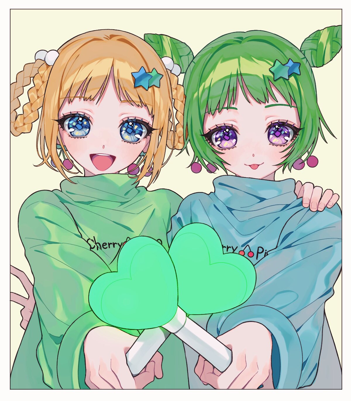 2girls :3 :d ao_(ao0_0nemu) bad_id bad_twitter_id blonde_hair blue_eyes blue_sweater blush braided_hair_rings cherry_earrings commentary_request cone_hair_bun double_bun earrings food-themed_earrings fukuhara_ann green_hair green_sweater hair_bun hair_ornament hand_on_another's_shoulder highres holding_glowstick jewelry long_hair long_sleeves looking_at_viewer morizono_wakana multiple_girls open_mouth pretty_rhythm pretty_rhythm_rainbow_live pretty_series purple_eyes short_hair smile star_(symbol) star_hair_ornament sweater upper_body v