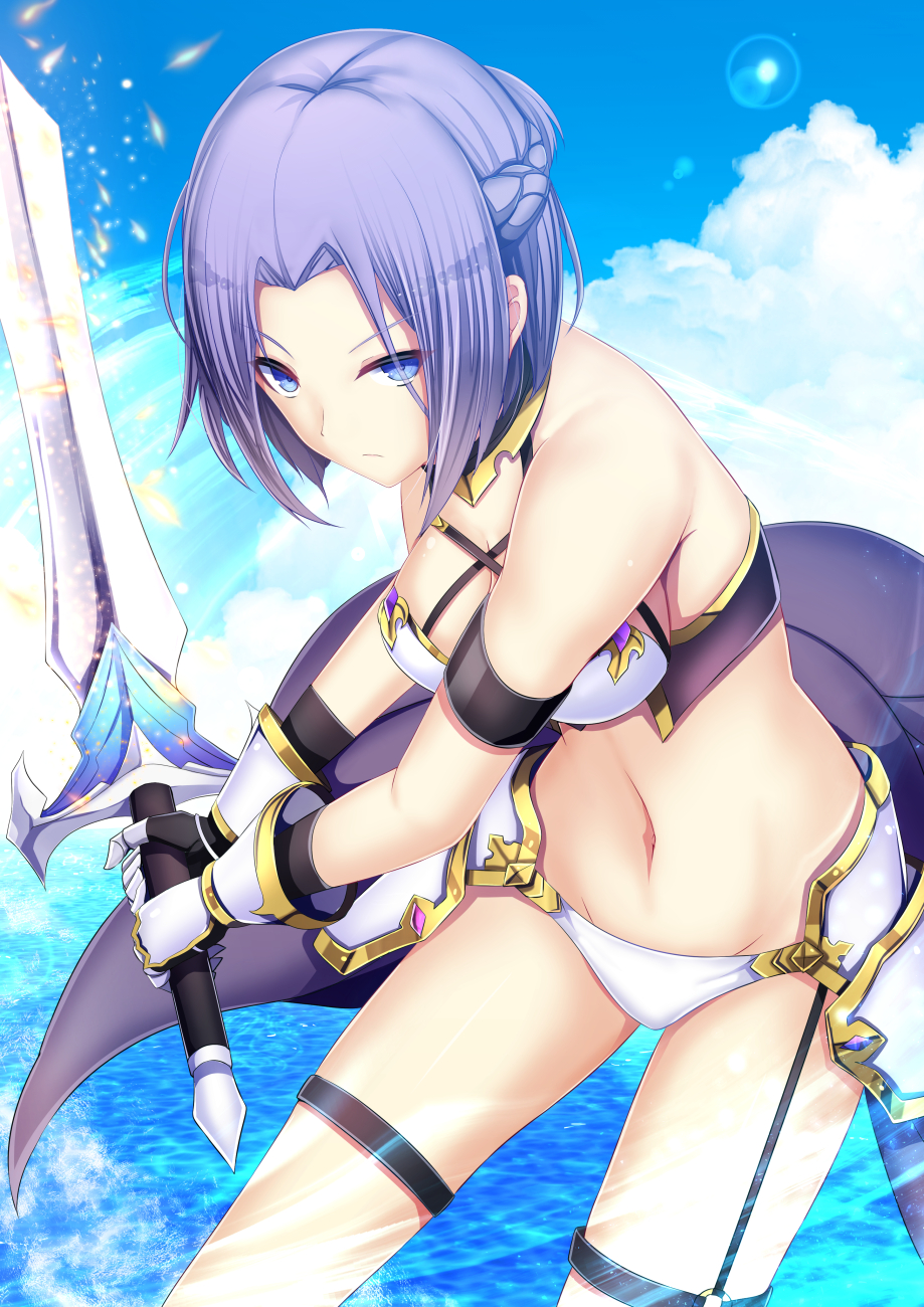 1girl arm_strap armor bangs bare_shoulders bikini bikini_armor black_gloves braid breasts cape cleavage closed_mouth cloud commentary_request cowboy_shot crown_braid daiaru day eyebrows_visible_through_hair faulds garter_straps gauntlets gloves groin highres holding holding_sword holding_weapon jun_(princess_connect!) large_breasts lens_flare looking_at_viewer midriff navel ocean outdoors parted_bangs princess_connect! princess_connect!_re:dive purple_cape purple_eyes purple_hair short_hair sidelocks solo standing swimsuit sword thigh_strap waist_cape weapon white_bikini