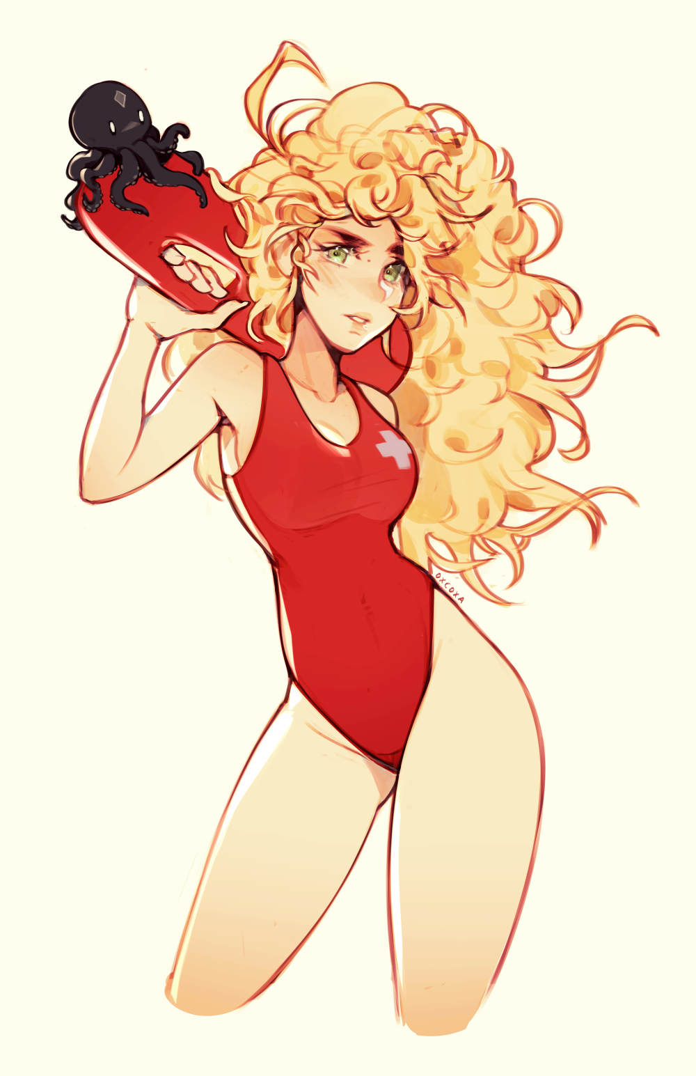 1girl artist_name blonde_hair breasts covered_navel cowboy_shot cropped_legs green_eyes highres holding holding_swim_ring lifebuoy lifeguard long_hair looking_at_viewer medium_breasts octopus one-piece_swimsuit original oxcoxa parted_lips red_one-piece_swimsuit simple_background solo swim_ring swimsuit