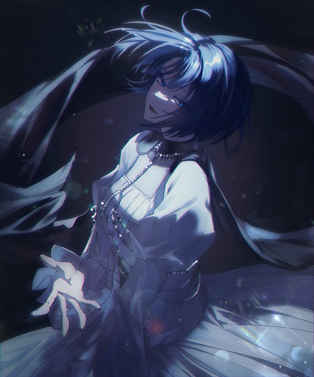 1girl black_background black_cape blue_eyes blue_hair cape dress frilled_dress frilled_sleeves frills hashtag-only_commentary highres jewelry juliet_sleeves kiritani_haruka light_particles long_sleeves looking_at_viewer necklace nyangji open_mouth pearl_necklace pleated_dress project_sekai puffy_sleeves refraction short_hair smile solo sparkle white_dress