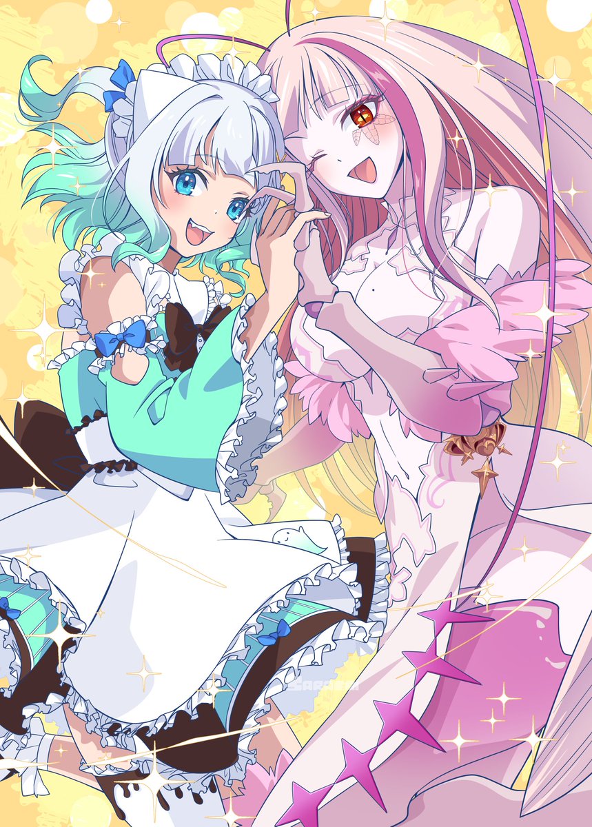 2girls antenna_hair apron arthropod_girl blue_bow blue_dress blue_eyes bow breasts cleavage cleavage_cutout clothing_cutout cockroach_girl colored_inner_hair dress green_hair hair_bow highres indie_virtual_youtuber interlocked_fingers large_breasts looking_at_viewer maid matara_kan matara_kan_(1st_costume) mint_fantome mole mole_on_breast monster_girl multicolored_hair multiple_girls navel one_eye_closed open_mouth pink_dress pink_hair red_eyes saraemiii_en sleeveless sleeveless_dress smile stomach_cutout virtual_youtuber vshojo white_apron white_hair white_headdress