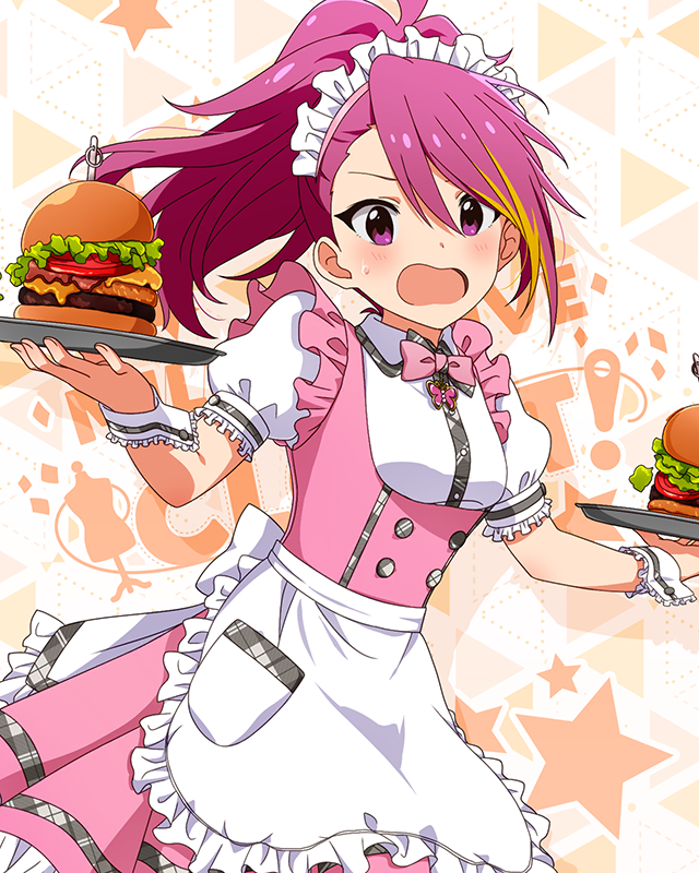 1girl apron asymmetrical_bangs bow bowtie breasts burger butterfly_ornament cheese confused dot_nose dress food forehead frilled_apron frilled_skirt frills hair_between_eyes idolmaster idolmaster_million_live! idolmaster_million_live!_theater_days lettuce long_hair maid_headdress maihama_ayumu medium_breasts official_alternate_costume official_art open_mouth pink_bow pink_bowtie pink_dress pink_eyes pink_hair ponytail pretty_waitress_(idolmaster) puffy_short_sleeves puffy_sleeves serving shirt short_sleeves skirt solo standing starry_background sweat thighhighs tomato tomato_slice tray upper_body v-shaped_eyebrows waist_apron waitress wavy_hair white_apron white_shirt white_thighhighs wrist_cuffs