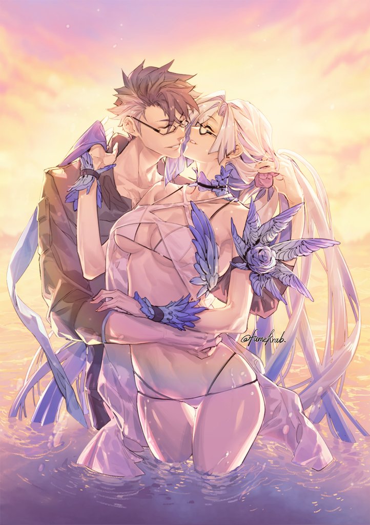 1boy 1girl bikini breasts brynhildr_(swimsuit_berserker)_(fate) closed_eyes fate/grand_order fate_(series) glasses hug imminent_kiss krab long_hair multicolored_hair ocean sigurd_(fate/grand_order) swimsuit twilight twitter_username two-tone_hair very_long_hair wading