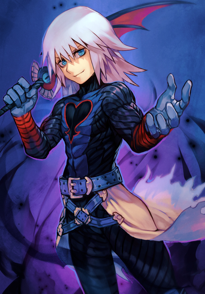 1boy belt blue_eyes bodysuit closed_mouth hands_up hankuri holding holding_sword holding_weapon keyblade kingdom_hearts looking_at_viewer male_focus medium_hair muscle purple_background riku silver_hair smile solo sword weapon