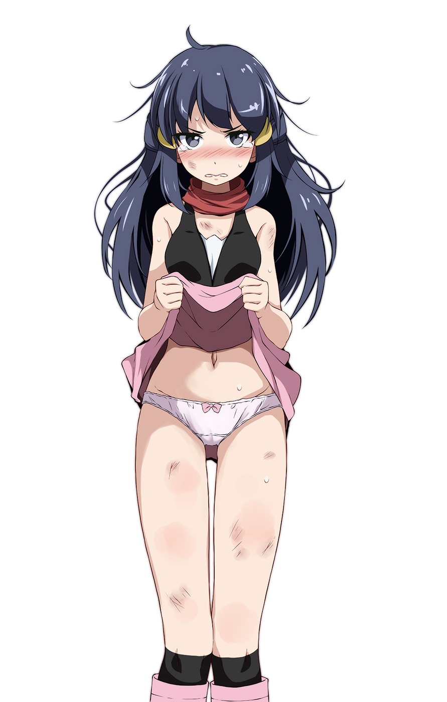 1girl angry bare_shoulders black_legwear blue_hair blush boots bow dirty grey_eyes hair_ornament headwear_removed highres hikari_(pokemon) injury jewelry long_hair looking_at_viewer messy_hair navel panties pink_bow pokemon pokemon_(game) pokemon_dppt red_scarf scarf sidelocks simple_background skirt skirt_lift sleeveless solo sweatdrop tsukishiro_saika underwear white_background white_panties