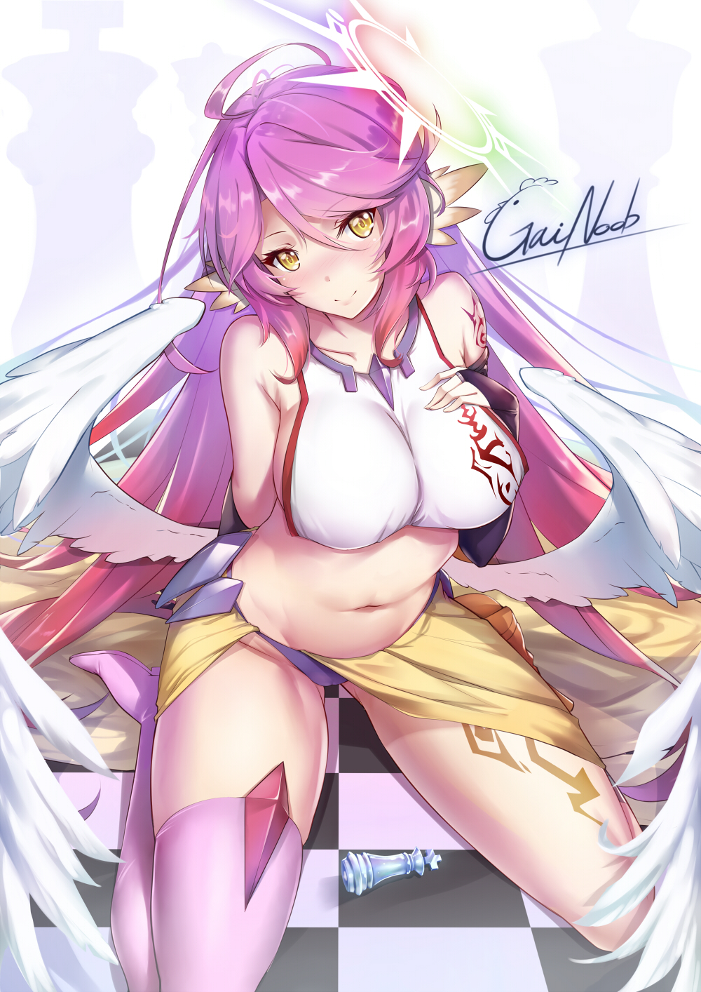 1girl angel_wings artist_name breasts chess_piece closed_mouth commentary_request crop_top feathered_wings gainoob gradient_hair halo highres jibril_(no_game_no_life) king_(chess) large_breasts long_hair looking_at_viewer low_wings magic_circle midriff multicolored_hair navel no_game_no_life pink_hair shoes sideboob single_shoe single_thighhigh sitting smile solo stomach tattoo thighhighs very_long_hair white_wings wing_ears wings yellow_eyes