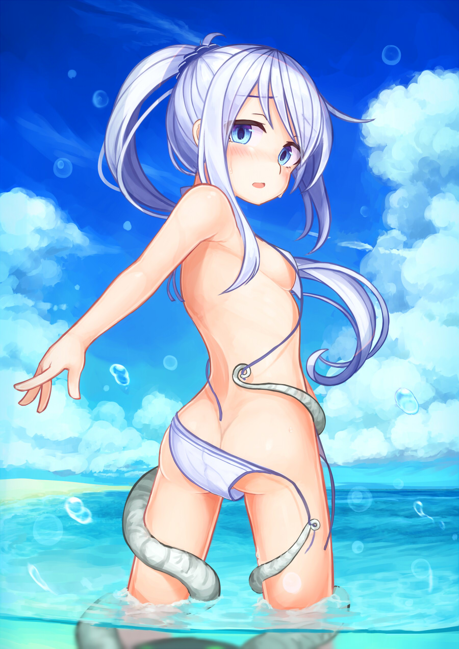 1girl ass bangs bikini blue_eyes blue_sky blush breasts cloud cowboy_shot day enemy_naval_mine_(kantai_collection) floating_hair hibiki_(kantai_collection) highres kantai_collection long_hair looking_back ocean ponytail reitou_mikan shinkaisei-kan side-tie_bikini sideboob silver_hair sky small_breasts smile standing swept_bangs swimsuit underboob very_long_hair wading wardrobe_malfunction white_bikini