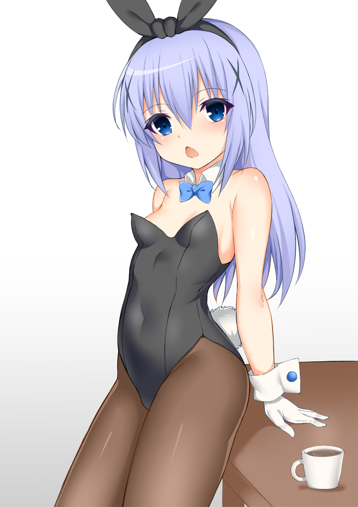 1girl animal_ears black_leotard blue_eyes blue_neckwear bow bowtie breasts bunny_ears bunny_girl bunny_tail bunnysuit chestnut_mouth commentary_request cup detached_collar fake_animal_ears gloves gochuumon_wa_usagi_desu_ka? hair_ornament kafuu_chino leotard light_blue_hair long_hair looking_at_viewer pantyhose simple_background small_breasts solo strapless strapless_leotard table tail toshishikisai white_background white_gloves wrist_cuffs x_hair_ornament