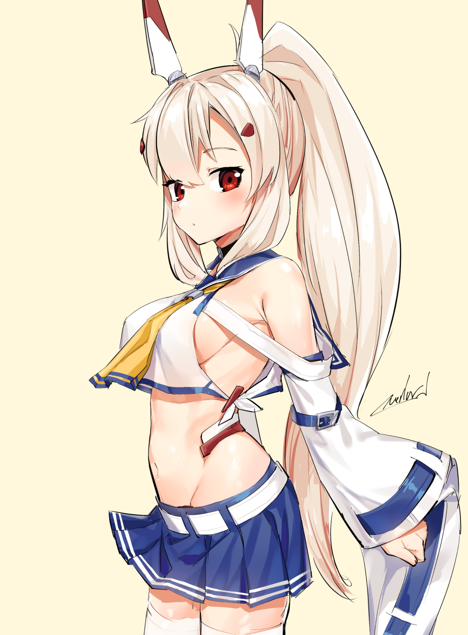 1girl ayanami_(azur_lane) azur_lane belt blonde_hair blush breasts choker detached_sleeves hair_ornament hairclip highres horns long_hair midriff navel overlord_(overlord80000) pleated_skirt ponytail red_eyes school_uniform serafuku sideboob skirt sleeveless solo thighhighs wide_sleeves