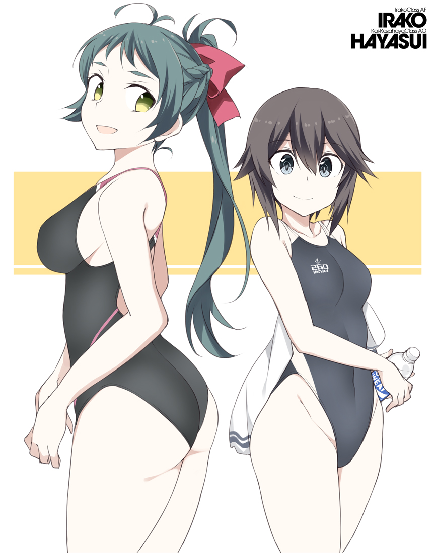 2girls :d ass black_hair black_swimsuit blue_eyes bottle breasts character_name closed_mouth clothes_writing collarbone competition_swimsuit cowboy_shot eyebrows_visible_through_hair green_eyes green_hair groin hair_between_eyes hair_ribbon hayasui_(kantai_collection) holding holding_bottle irako_(kantai_collection) kantai_collection long_hair medium_breasts multiple_girls one-piece_swimsuit open_mouth pocari_sweat ponytail red_ribbon ribbon short_hair small_breasts smile souji sportswear swimsuit