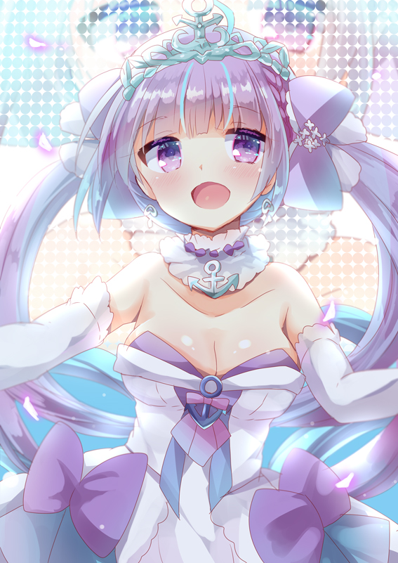 1girl :d anchor bangs bare_shoulders blue_hair blush bow breasts cleavage collarbone commentary_request detached_sleeves dress earrings eyebrows_visible_through_hair hololive jewelry kuriyuzu_kuryuu long_hair long_sleeves looking_at_viewer medium_breasts minato_aqua multicolored_hair open_mouth petals purple_bow purple_eyes purple_hair smile solo strapless strapless_dress tiara twintails two-tone_hair very_long_hair virtual_youtuber white_dress white_sleeves zoom_layer