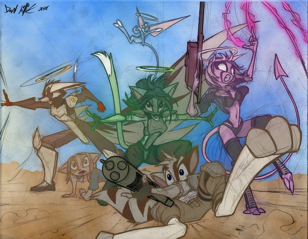 anthro bast_(dreamkeepers) bottomwear bra canid canine clothing david_lillie dreamkeepers felid feline female group gun halo lilith_calah mace_(dreamkeepers) male male/female mammal namah_calah paige_(dreamkeepers) panties ranged_weapon underwear weapon whip_(dreamkeepers)