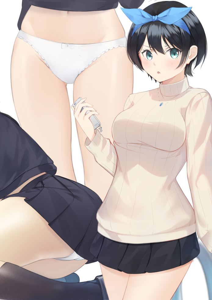 1girl :o aqua_eyes ass bangs black_hair black_shirt black_skirt blue_ribbon blush breasts cellphone cowboy_shot eyebrows_visible_through_hair grey_sweater hair_ribbon holding holding_phone jewelry kanojo_okarishimasu kneehighs long_sleeves looking_at_viewer mari_(doraerin0) medium_breasts miniskirt multiple_views navel necklace open_mouth panties pantyshot phone pleated_skirt ribbon sarashina_ruka shirt short_hair simple_background skirt smartphone sweater thighs underwear v-shaped_eyebrows white_background white_panties