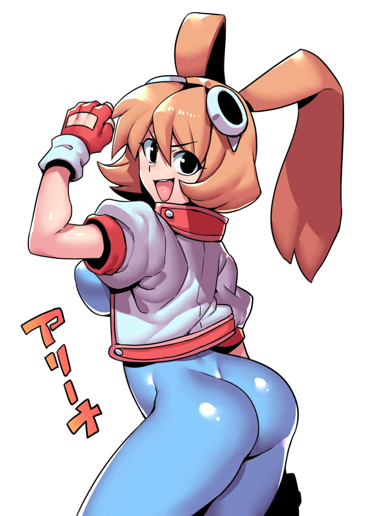 1girl animal_ears ass blue_bodysuit bodysuit breasts brown_hair bunny_ears cropped_jacket fingerless_gloves gloves goggles goggles_on_head jacket large_breasts looking_at_viewer makihara_arina open_mouth short_hair sideboob simple_background skin_tight smile solo tukiwani waku_waku_7 white_background