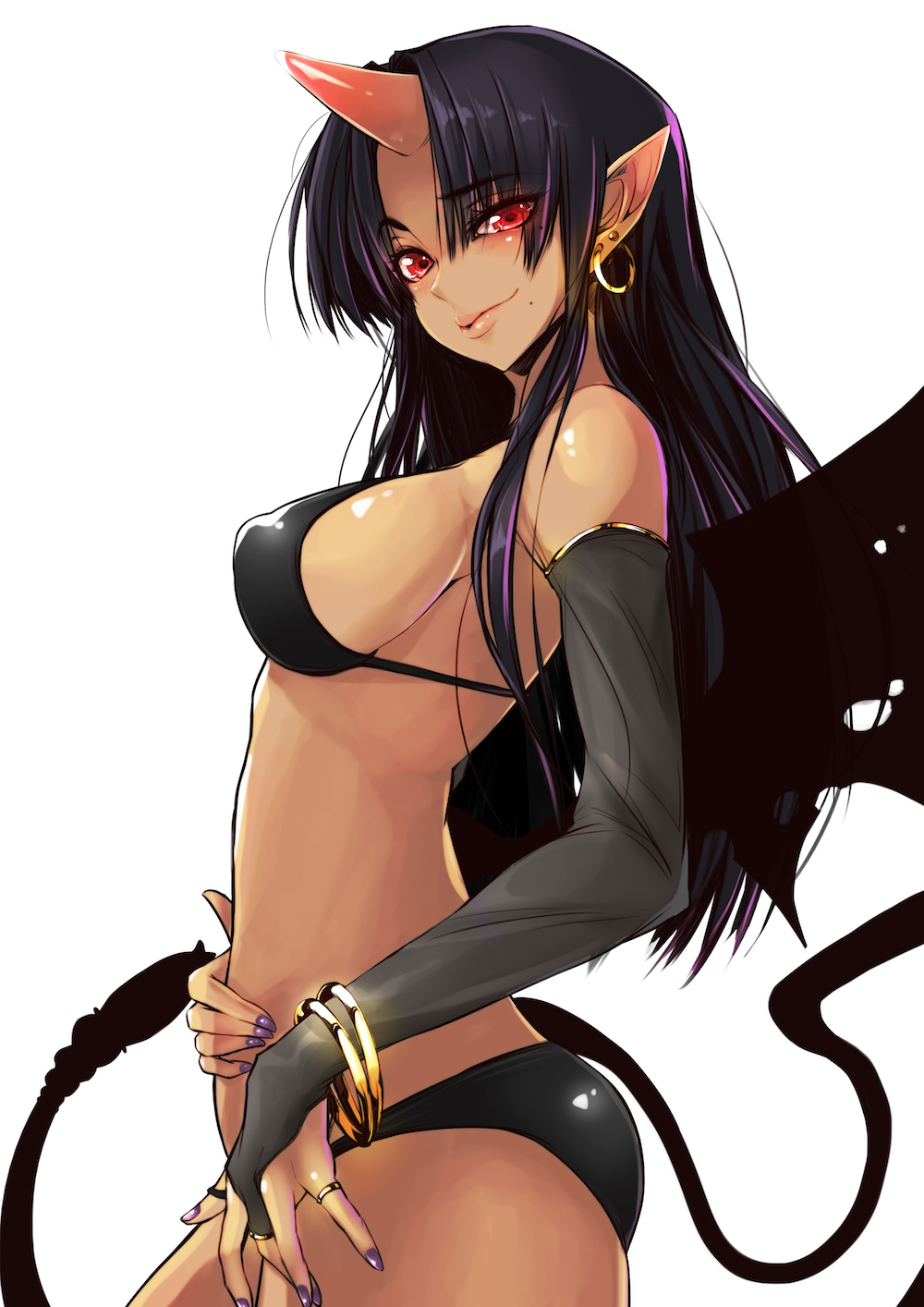 .sin 1girl bangs bikini black_bikini black_hair bracelet breasts bridal_gauntlets closed_mouth dark_skin demon_girl detached_sleeves earrings eyebrows_visible_through_hair from_side grey_sleeves hair_between_eyes highres horns jewelry long_hair long_sleeves looking_at_viewer medium_breasts mole mole_under_mouth original pointy_ears red_eyes shiny shiny_skin sideboob simple_background single_horn smile smug solo succubus swimsuit tail very_long_hair white_background