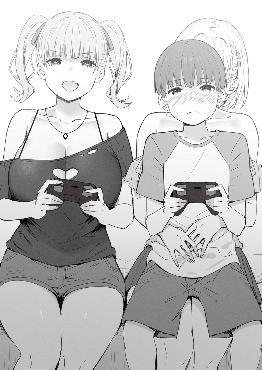 1boy 2girls :d bare_shoulders blush breasts collarbone commentary controller eyebrows_visible_through_hair fang game_controller greyscale hairclip_onee-san_(sky_(freedom)) heart_cutout hetero highres hug hug_from_behind large_breasts looking_at_viewer monochrome multiple_girls nose_blush off-shoulder_shirt off_shoulder open_mouth original playing_games raglan_sleeves shirt short_shorts shorts sitting sitting_on_lap sitting_on_person skin_fang sky_(freedom) smile twintails