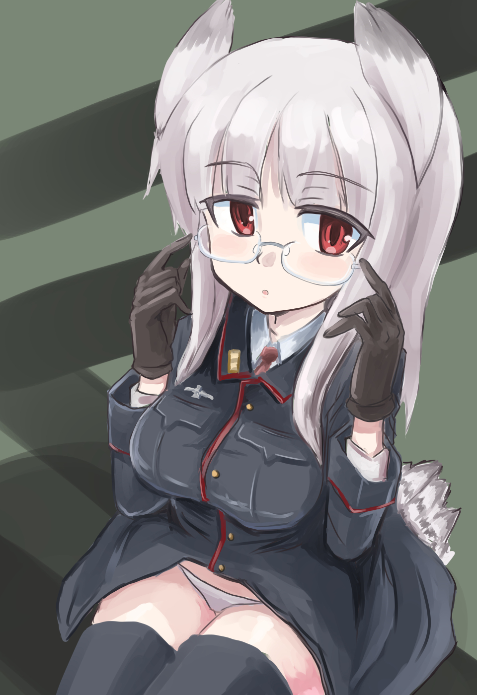 1girl animal_ears black_legwear blush breasts commentary_request glasses gloves head_wings heidimarie_w_schnaufer higezamurai_(kurage_gunsou) highres large_breasts long_hair military military_uniform panties red_eyes silver_hair solo strike_witches tail thighhighs underwear uniform white_hair world_witches_series