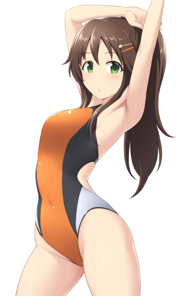 1girl arched_back arm_over_head armpits arms_up bangs black_swimsuit blush breasts brown_hair commentary_request competition_swimsuit contrapposto covered_navel green_eyes grey_swimsuit hair_ornament hairclip highleg himekawa_yuki idolmaster idolmaster_cinderella_girls long_hair looking_at_viewer medium_breasts multicolored multicolored_clothes multicolored_swimsuit one-piece_swimsuit orange_swimsuit pataniito simple_background smile solo swimsuit white_background