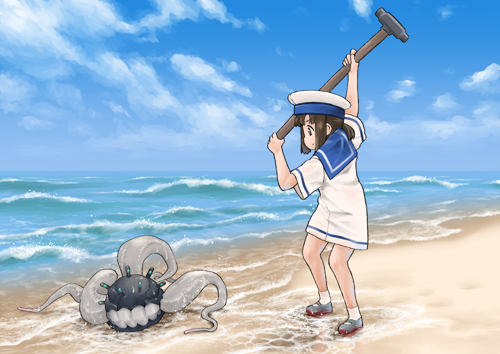 1girl beach brown_hair closed_mouth cloud daitou_(kantai_collection) day dress enemy_naval_mine_(kantai_collection) from_side hammer harukaze_unipo hat holding kantai_collection ocean outdoors ponytail profile sailor_collar sailor_dress sailor_hat shinkaisei-kan short_ponytail short_sleeves sky socks standing tentacles water white_dress white_headwear white_legwear