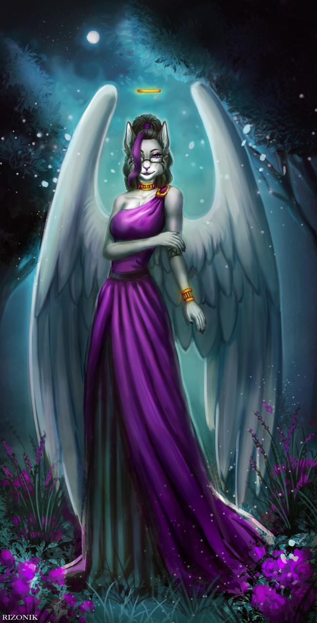 2019 angel anthro black_nails breasts claws clothed clothing colored colored_nails commission_art detailed detailed_background detailed_fur digital_drawing_(artwork) digital_media_(artwork) digital_painting_(artwork) domestic_cat dress eyewear fantasy felid feline felis female full-length_portrait fur garden girly glasses glowing gold_(metal) gold_bracelet gold_jewelry greek hair hi_res jewelry lavender light long_hair looking_at_viewer magic mammal moon moonlight mythology nails painting_(artwork) portrait purple_clothing purple_dress purple_eyes purple_flower purple_hair rizonik shaded smile solo sparkles traditional_media_(artwork)