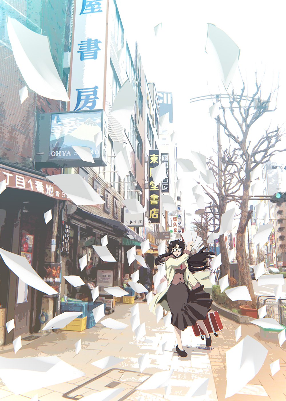 1girl bare_tree black_hair breasts building glasses highres long_hair necktie open_mouth outdoors paper read_or_die red_neckwear skirt solo suitcase traffic_light tree ueyama_michirou yomiko_readman