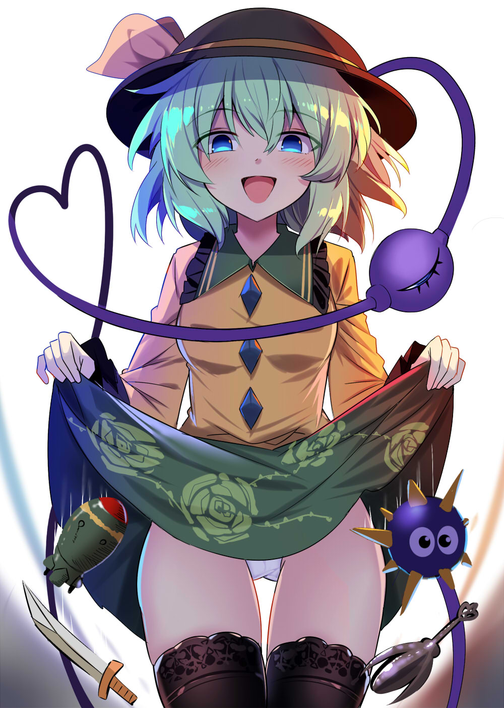 1girl :d black_headwear black_legwear blue_eyes bomb collared_shirt commentary cowboy_shot e.o. eyebrows_visible_through_hair floral_print frilled_sleeves frills green_hair green_skirt half-closed_eyes hat hat_ribbon heart heart_of_string highres knife komeiji_koishi lifted_by_self long_sleeves looking_at_viewer medium_hair medium_skirt motion_blur open_mouth panties print_skirt ribbon shirt skirt skirt_lift smile solo spiked_ball thigh_gap thighhighs third_eye touhou underwear white_background white_panties yellow_ribbon yellow_shirt