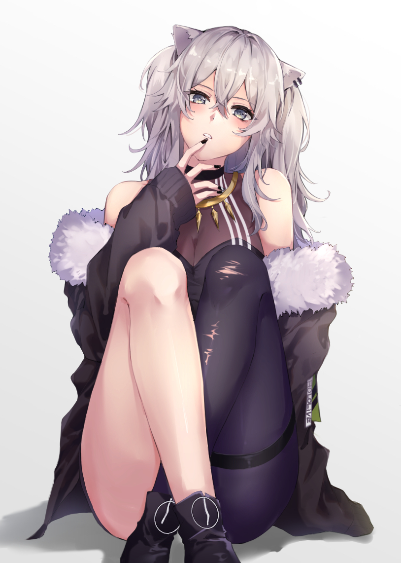 1girl animal_ears bare_shoulders black_footwear black_nails breasts cleavage crossed_ankles ear_piercing finger_to_mouth fur-trimmed_jacket fur_trim grey_eyes grey_hair hair_between_eyes hinamaru hololive jacket jewelry lion_ears lion_girl long_hair looking_at_viewer nail_polish necklace off-shoulder_jacket piercing shirt shishiro_botan single_leg_pantyhose sitting solo thigh_strap thighs torn_clothes torn_legwear virtual_youtuber