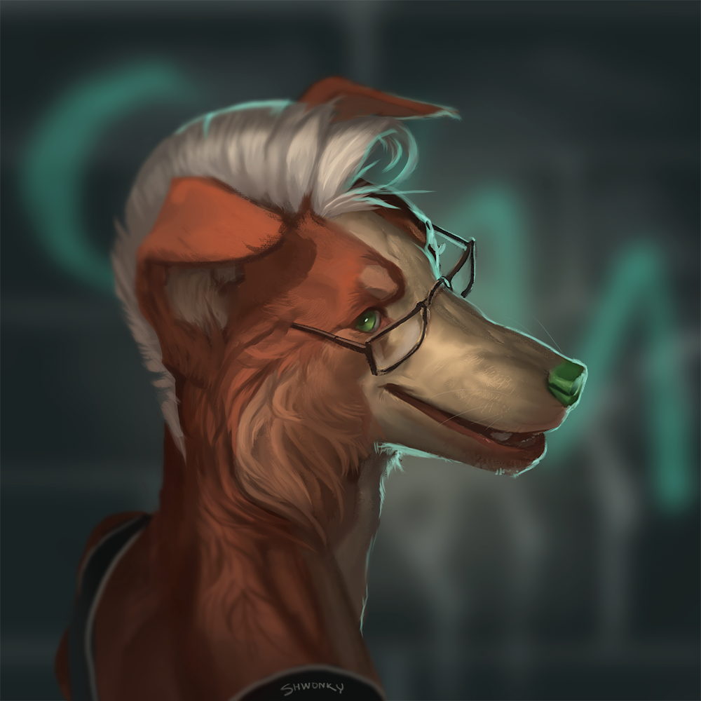 1:1 2020 anthro brown_body brown_fur canid canine canis clothed clothing digital_media_(artwork) domestic_dog eyewear fur glasses green_eyes green_nose hair headshot_portrait male mammal open_mouth portrait shwonky smile teeth tongue white_hair