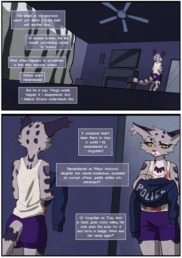 anthro bedroom black_spots blood bodily_fluids ceiling_fan clothed clothing clouded_leopard comic english_text felid female fur green_eyes grey_body grey_fur grimart jonesy_hoovus_(grimart) mammal mirror pantherine solo spots standing television text