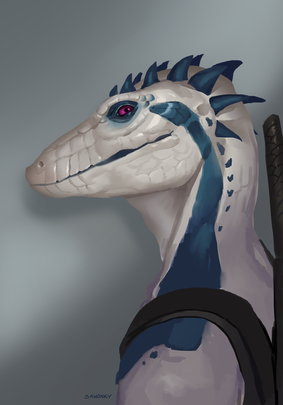 2020 anthro clothed clothing digital_media_(artwork) hi_res lizard male purple_eyes reptile scales scalie shwonky simple_background smile spines white_body white_scales