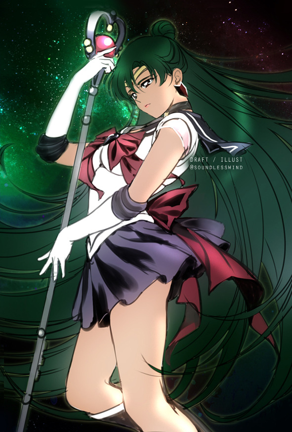 1girl artist_name back_bow bangs bishoujo_senshi_sailor_moon black_choker boots bow breasts brooch choker circlet closed_mouth commentary earrings elbow_gloves english_commentary feet_out_of_frame garnet_rod gloves green_hair hair_bun heart holding holding_staff jewelry kaze-hime knee_boots long_hair magical_girl meiou_setsuna purple_skirt red_bow sailor_collar sailor_pluto sketch skirt sky solo staff star_(sky) starry_sky very_long_hair white_gloves work_in_progress