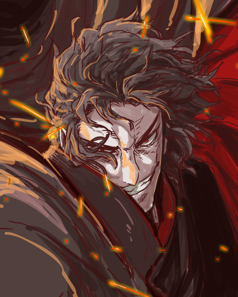 1boy black_hair close-up embers fate/grand_order fate_(series) fighting_stance hijikata_toshizou_(fate/grand_order) japanese_clothes koryuu_(gackter10) looking_at_viewer male_focus red_eyes shiny shiny_hair sketch smirk teeth