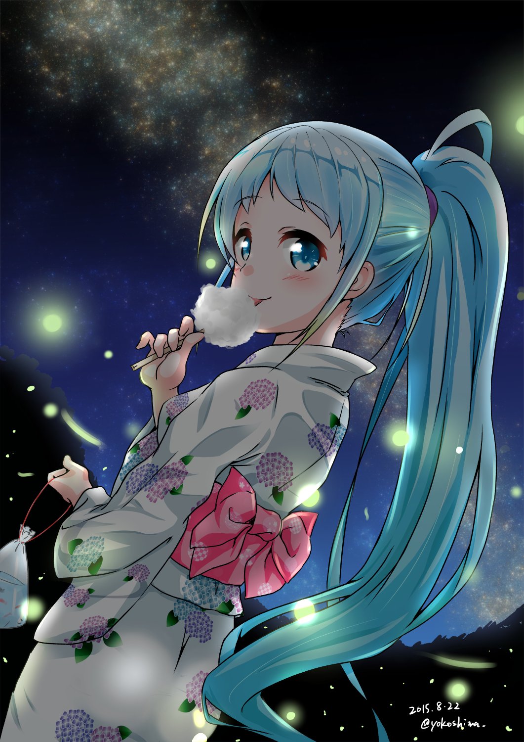 1girl alternate_costume alternate_hairstyle bangs blue_eyes blue_hair commentary_request cotton_candy dated dutch_angle from_behind gradient_hair highres japanese_clothes kantai_collection kimono look-alike looking_at_viewer milky_way multicolored_hair night ponytail samidare_(kantai_collection) solo star_(sky) starry_night swept_bangs twitter_username white_kimono yokoshima_(euphoria) yukata