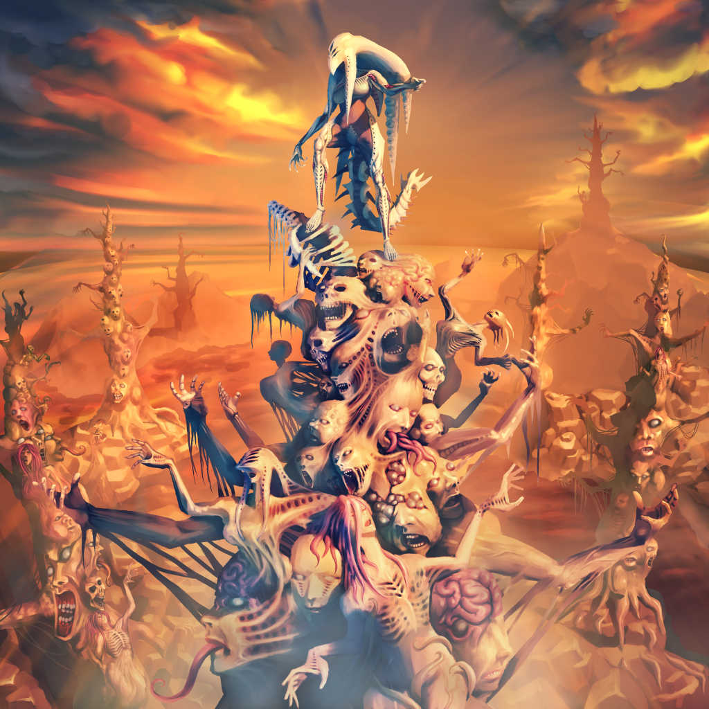 1girl angel_at_dusk biopunk body_horror breasts carapace dark-skinned_female dark_skin exposed_brain laz-dba-dgiw medium_breasts monster_girl official_art ribs scenery skull tail tentacle_hair toguromaki_kumoyuki tongue tongue_out