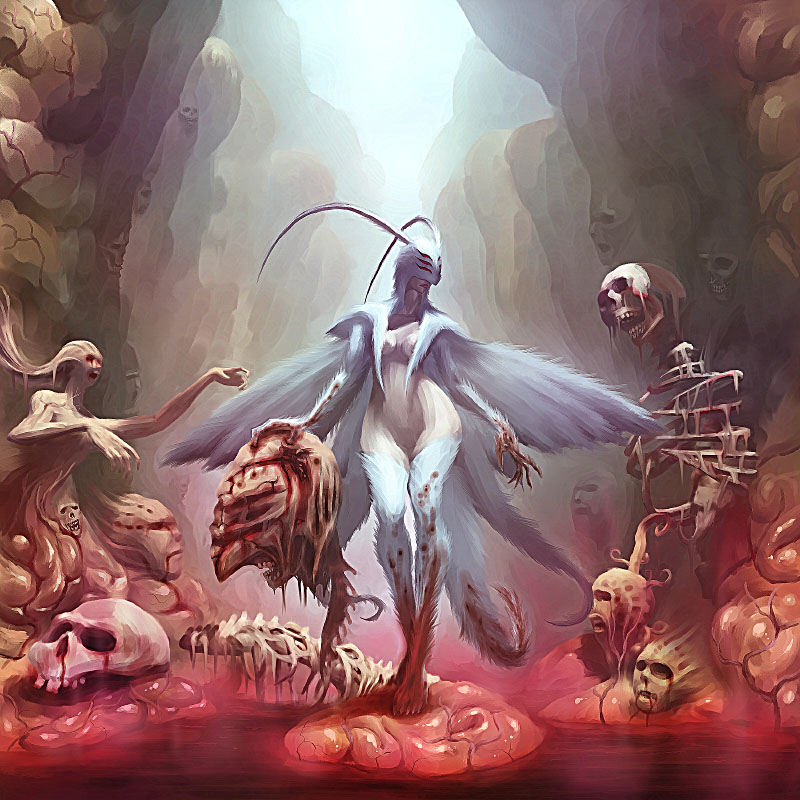 1girl angel_at_dusk antennae biopunk blood blood_on_feet blood_on_hands body_fur body_horror brain breasts exposed_brain holding_detached_head lanmoliwf-mopopo medium_breasts monster_girl official_art pyocoletos ribs severed_head skeleton skull standing tail toguromaki_kumoyuki wings