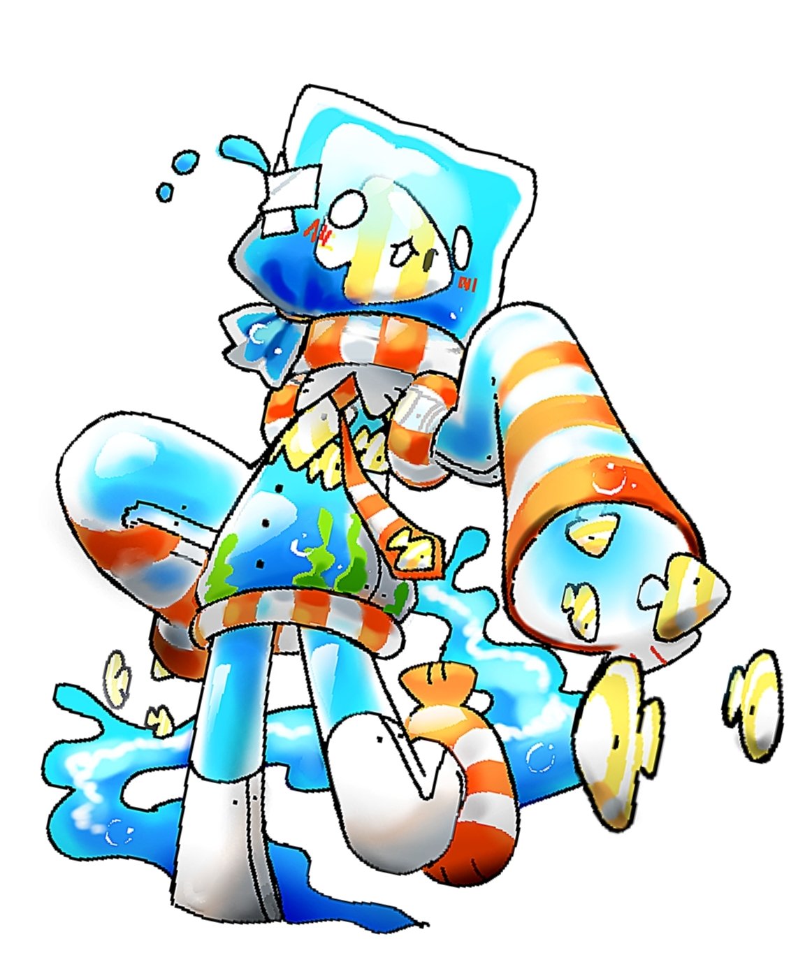 1other :3 animal_ears blush bomal1215 cat_ears cat_tail commentary english_commentary fish fishbowl frutiger_aero furry highres inflatable_toy leaking long_sleeves looking_at_self necktie original other_focus simple_background solo standing tail tropical_fish water water_drop white_background