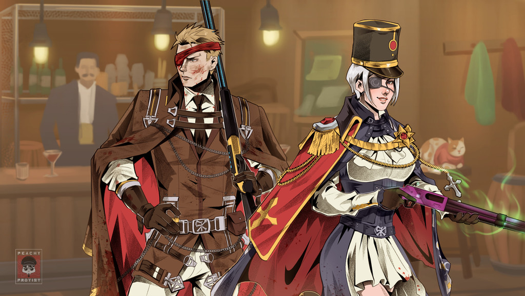 1girl 2boys bar_(place) barrel bartender black_hat black_skirt blonde_hair blood blood_on_face brown_cape brown_coat brown_gloves brown_necktie cape cat closed_mouth coat cocktail_glass commentary cowboy_shot cross cup drinking_glass english_commentary eyepatch gloves grey_hair gun hat high-waist_skirt holding holding_gun holding_weapon indoors lever_action looking_afar looking_at_viewer military multiple_boys necktie night_watch_(ragnarok_online) pants peachyprotist ragnarok_online red_cape rifle shako_cap shirt short_hair skirt smile two-sided_cape two-sided_fabric weapon white_pants white_shirt