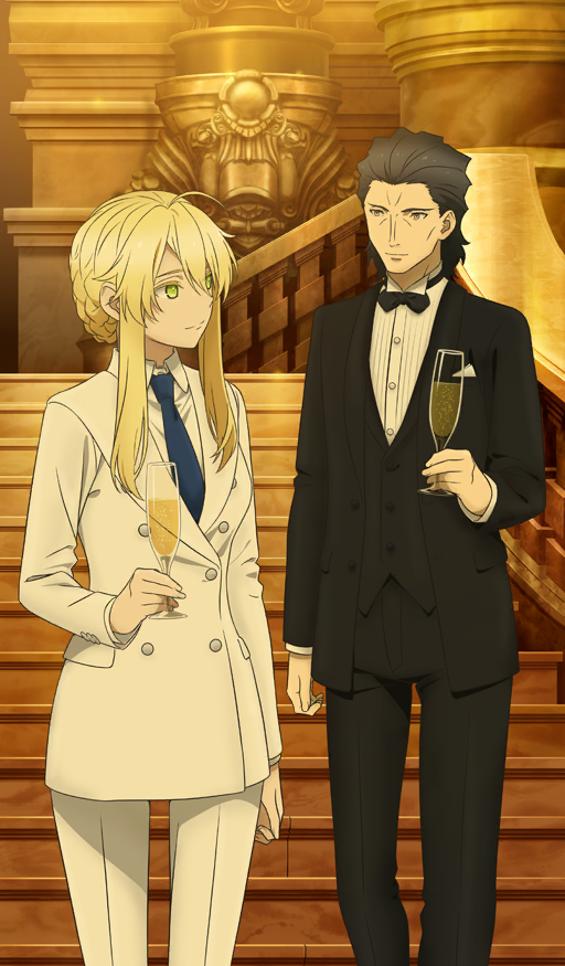1boy 1girl agravain_(fate) ahoge artoria_pendragon_(fate) artoria_pendragon_(lancer)_(fate) black_bow black_bowtie black_hair black_jacket black_pants black_suit black_vest blonde_hair blue_necktie bow bowtie bun_with_braided_base buttons champagne_flute closed_mouth commentary cup double-breasted dress_pants drink drinking_glass eye_contact fate/grand_order fate_(series) feet_out_of_frame formal_clothes hair_between_eyes hair_slicked_back holding holding_cup jacket lapels lion_king_(lancer)_(fate) long_sidelocks long_sleeves looking_at_another medium_hair necktie official_alternate_costume official_art orange_background pants shirt shiwasu_takashi short_hair_with_long_locks sidelocks smile stairs suit suit_jacket third-party_source traditional_bowtie vest waistcoat white_jacket white_pants white_shirt white_suit wing_collar wingtip_collar