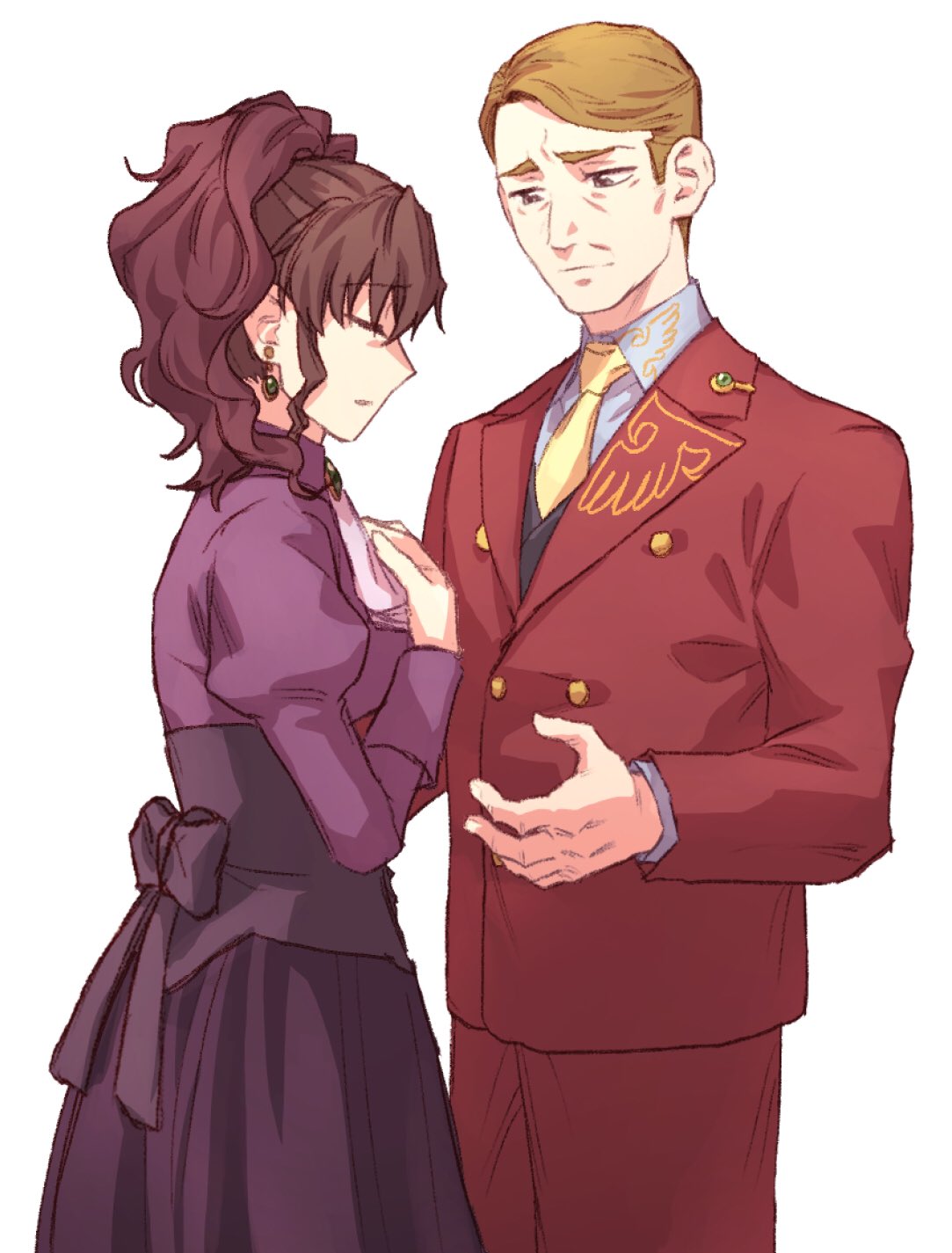 1boy 1girl blonde_hair bow brown_hair closed_eyes closed_mouth dress highres hswoimuxk0pwr0h_(bbdan) husband_and_wife jacket long_hair necktie pants purple_bow purple_dress red_jacket red_pants red_suit short_hair simple_background standing suit umineko_no_naku_koro_ni ushiromiya_krauss ushiromiya_natsuhi white_background yellow_necktie